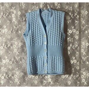 Vintage 70s Sweater Vest Women's Size Medium 1970s Baby Blue Coastal Waist Coat
